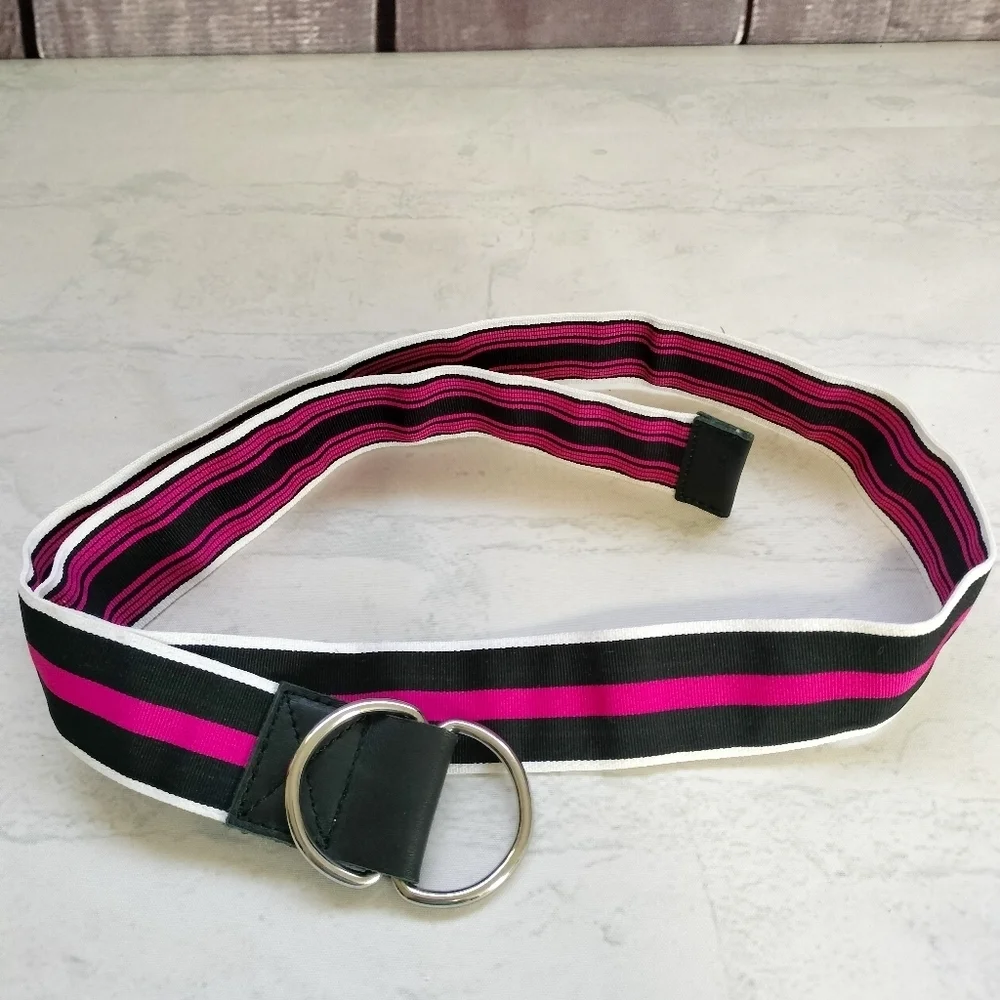Nick Golf Black and Pink Striped Women's Belt Sz M/L D Ring Closure Preppy Work